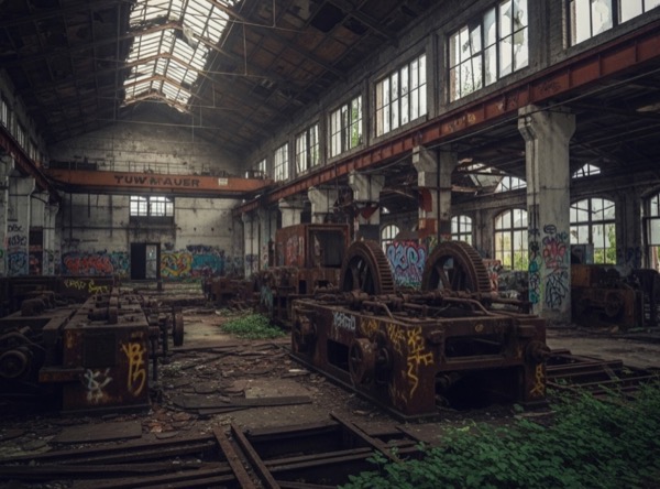 Chantier de désamiantage industriel en cours de contrôle visuel